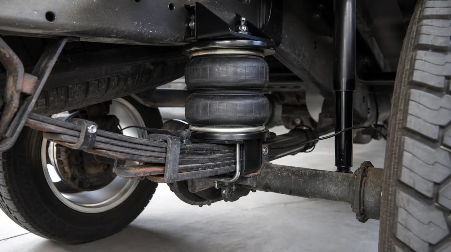 Close view of a pickup truck rear suspension showing the leaf spring pack, the axle and an aftermarket air spring fitted between frame and axle.