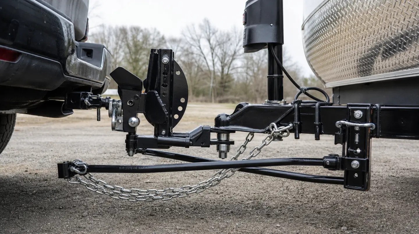 A weight distribution hitch installed between a pickup truck and a travel trailer, with the spring bars under tension and chains at the trailer A-frame.