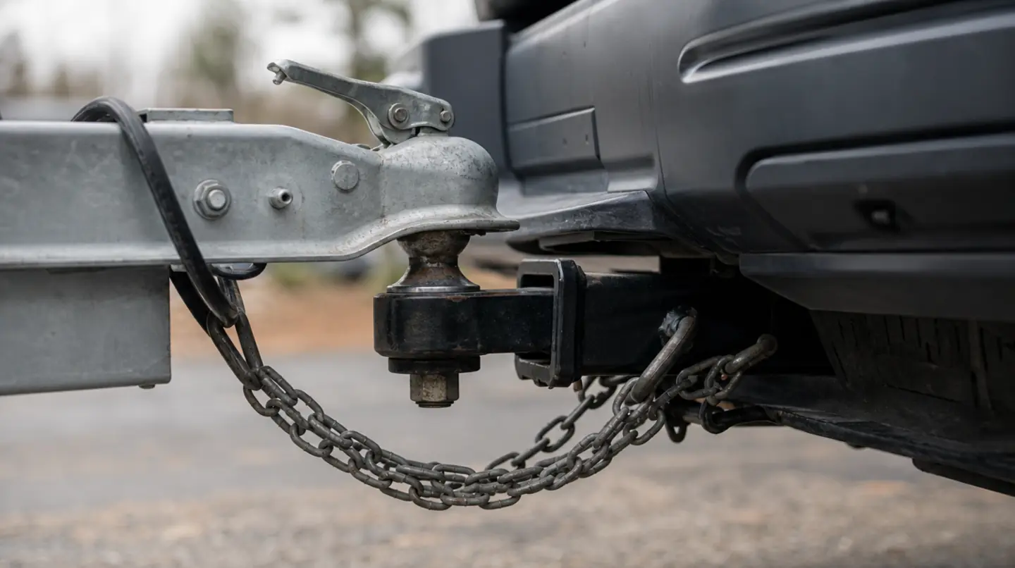 Close view of a trailer coupler seated on a tow ball, with the safety chains hanging beneath the hitch receiver.