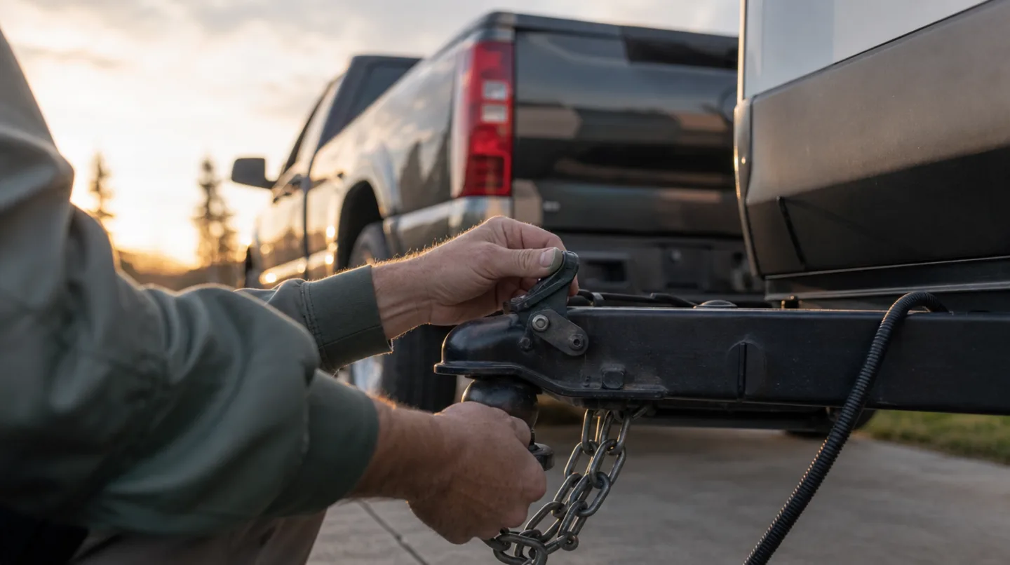 A person crouched at the rear of a pickup truck at sunset, checking the coupler and safety chains on a trailer tongue before setting off.