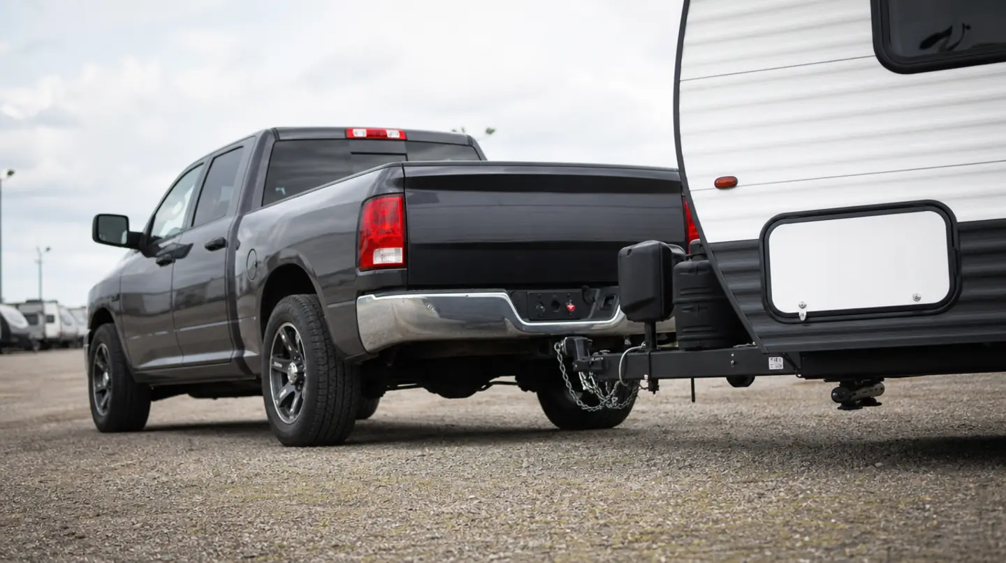 A half-ton pickup hitched to a mid-size white travel trailer on a dealership lot, seen from a low rear three-quarter angle.