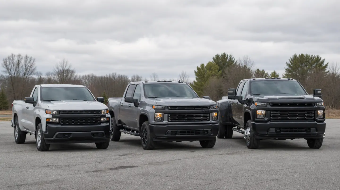 Three pickup trucks of increasing size parked in a row on a dealership lot, a half-ton, a three-quarter-ton and a dual-rear-wheel one-ton.