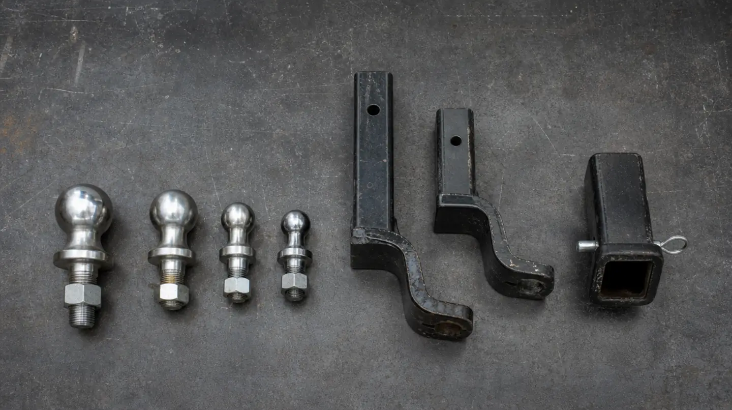 Four trailer hitch balls of different diameters laid out in a row on a workbench beside two ball mounts with different drop heights and a receiver tube.