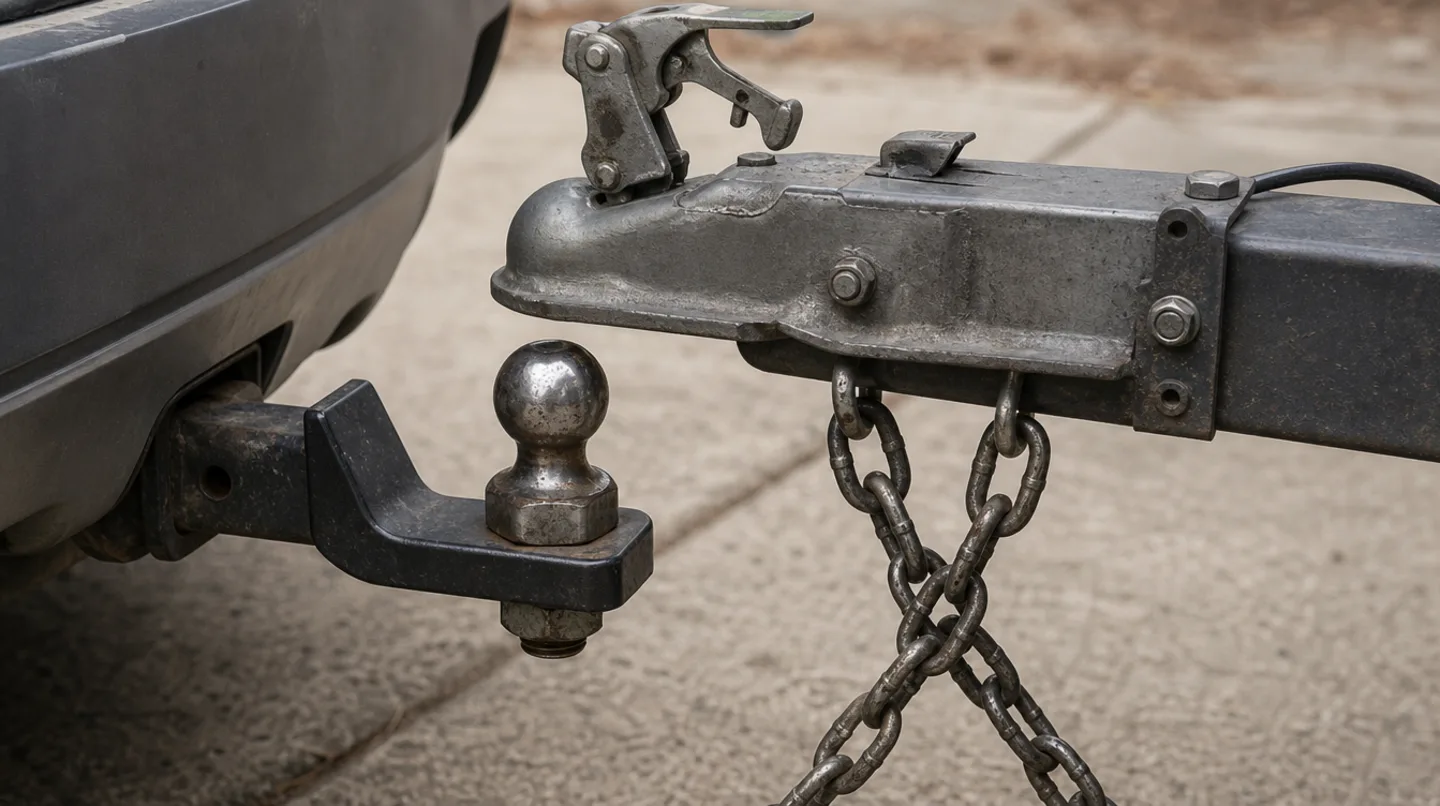 A trailer coupler with its latch open, positioned directly above a hitch ball on a ball mount, with safety chains crossed beneath the trailer tongue.