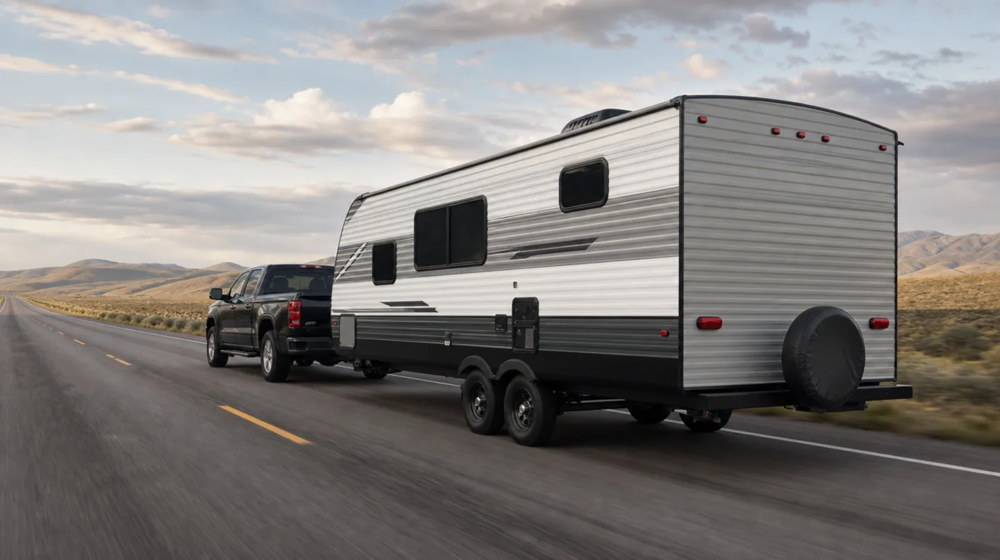 A pickup truck towing a travel trailer along an open two-lane highway, seen from a low rear three-quarter angle with distant hills behind.