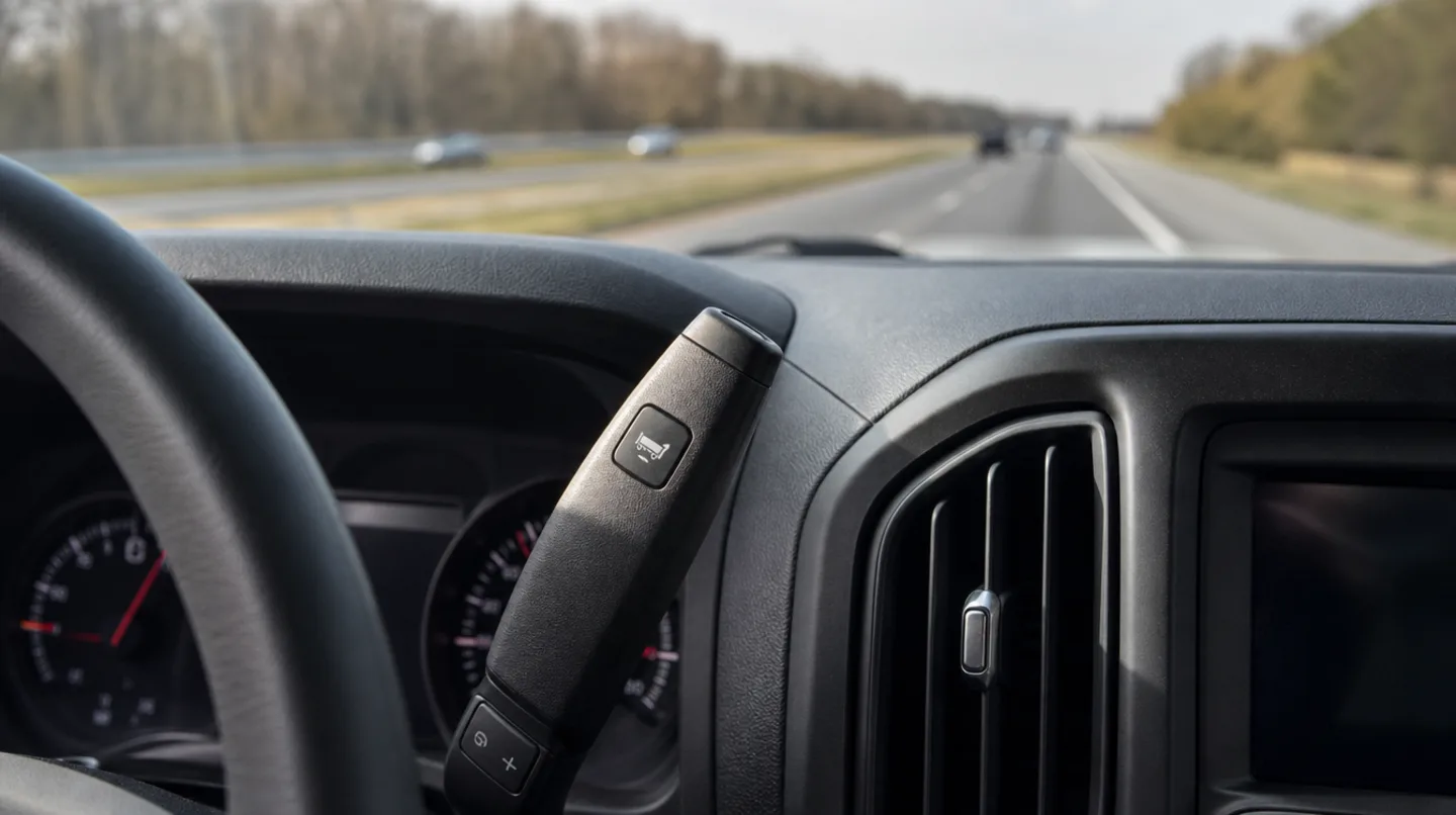 View from the driver's seat of a pickup truck on a highway, showing the column shifter with its tow/haul button and the instrument cluster beyond.