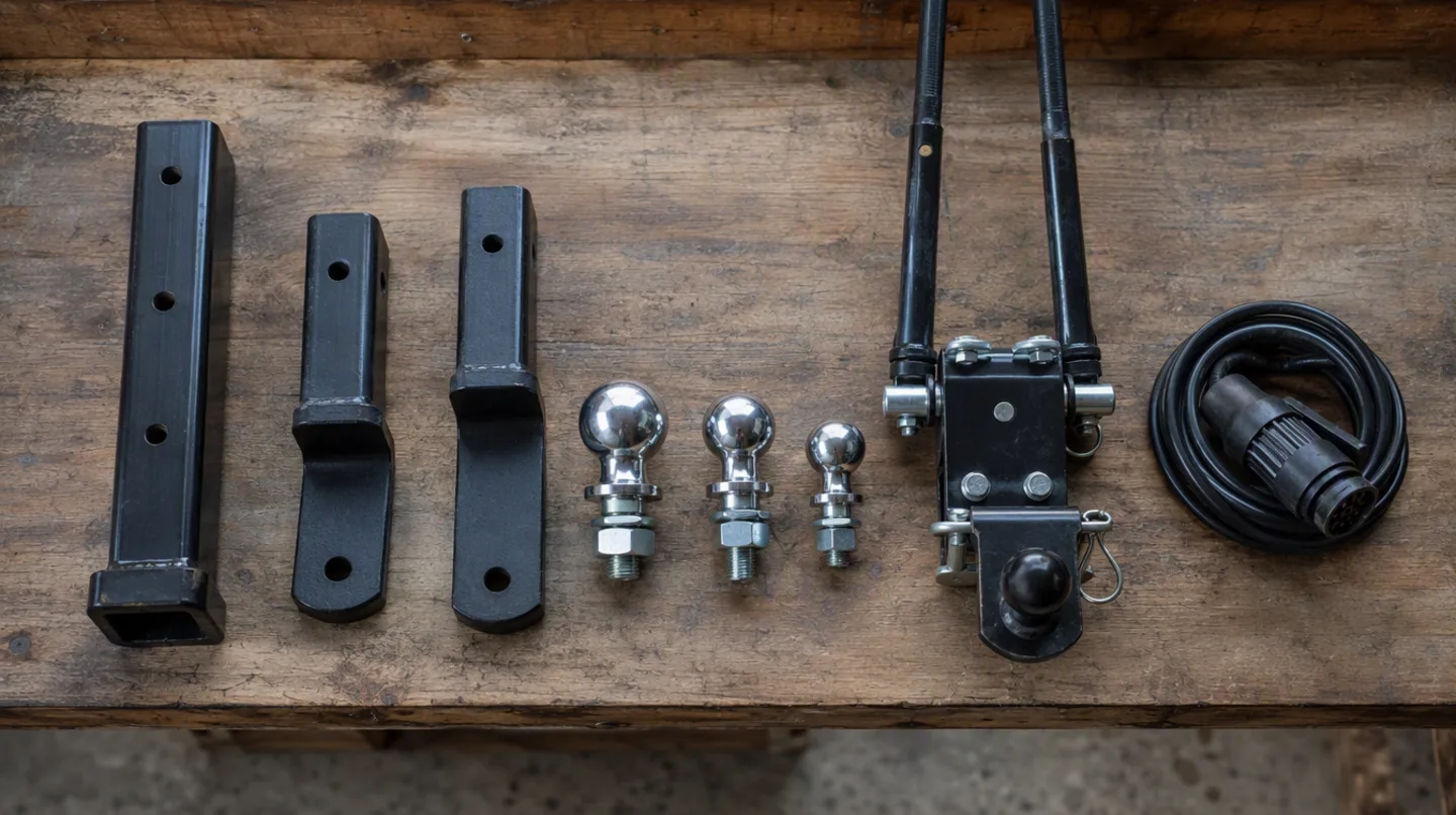Trailer towing hardware laid out in a row on a workbench: a receiver tube, two ball mounts with different drops, three tow balls, a weight distribution hitch head with spring bars, and a coiled seven-pin connector.