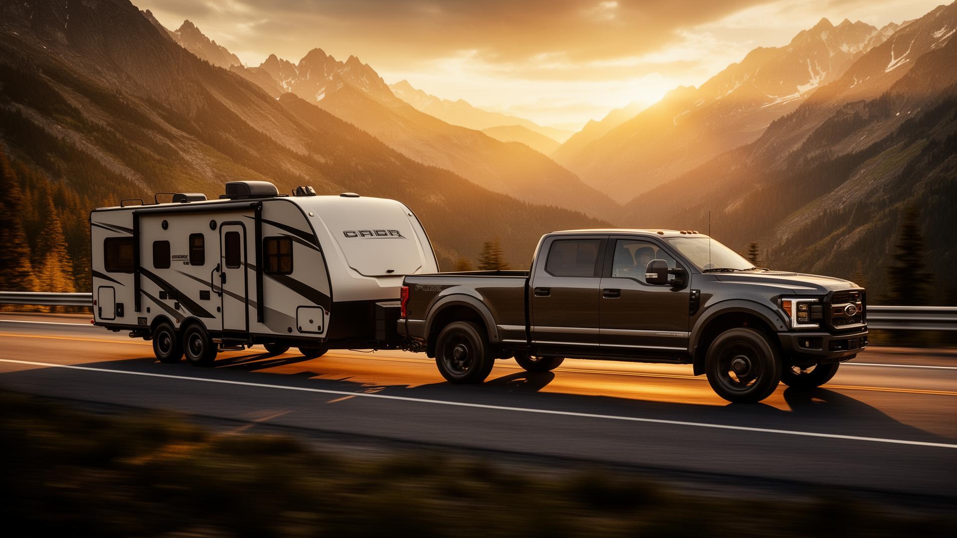 Pickup truck towing an RV travel trailer through the mountains at sunset