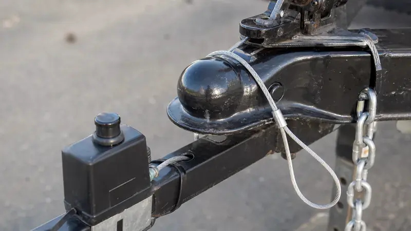 A trailer coupler with its breakaway switch and cable