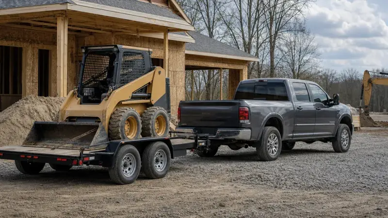 A pickup with a skid steer on a flatbed trailer at a building site