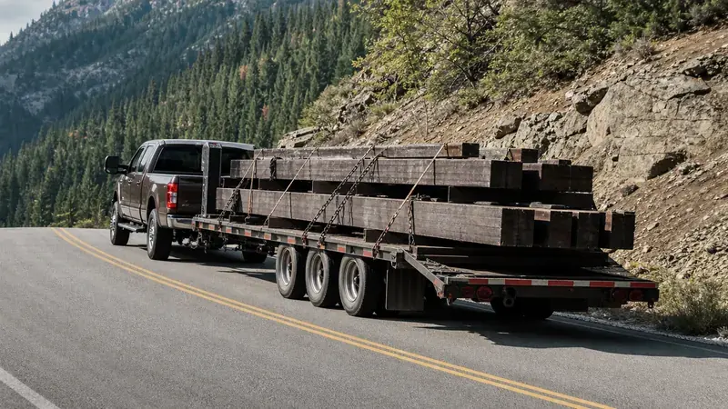A pickup pulling a flatbed trailer heavily loaded with timber