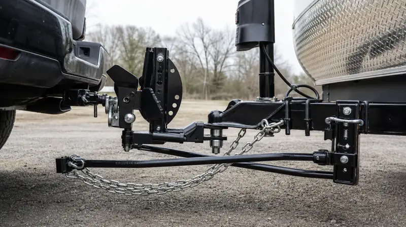 A weight distribution hitch between a pickup and a trailer