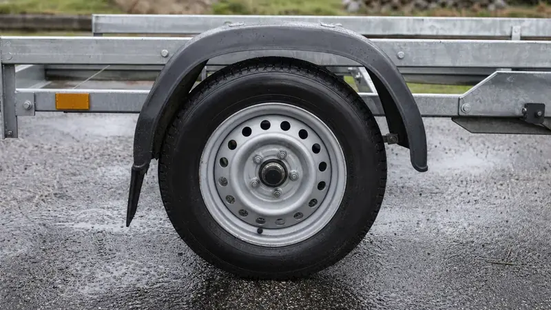 Close view of a trailer wheel and fender