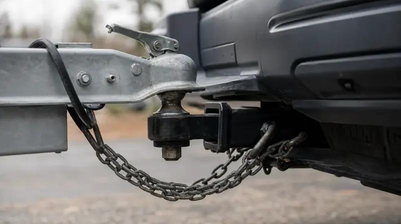 A trailer coupler on a pickup's hitch ball with safety chains