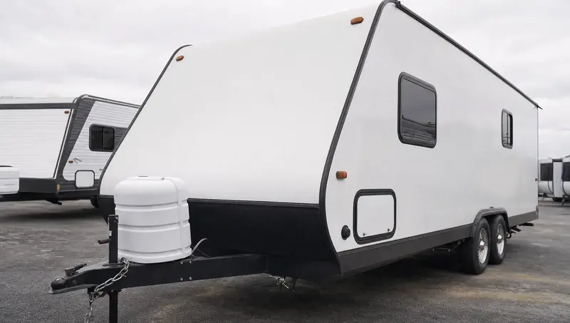 A travel trailer parked on a dealer lot