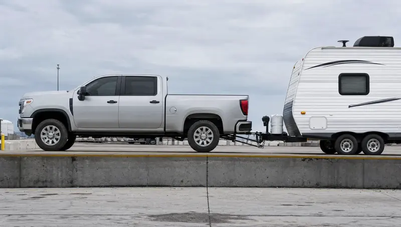 A pickup and travel trailer stopped on a raised scale platform