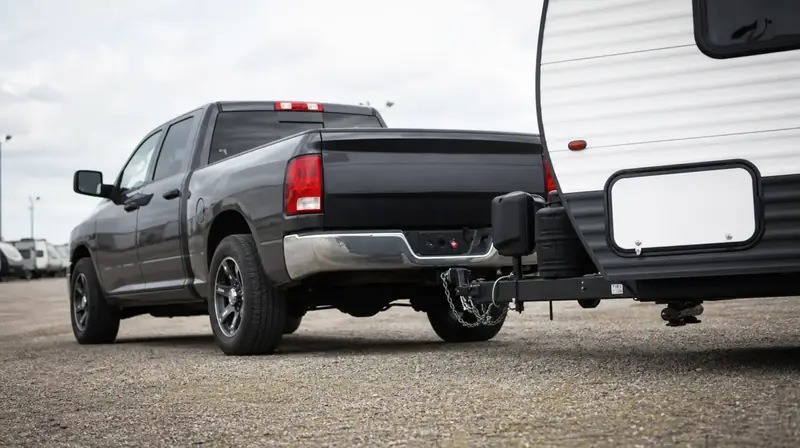 A half-ton pickup hitched to a travel trailer in a parking lot
