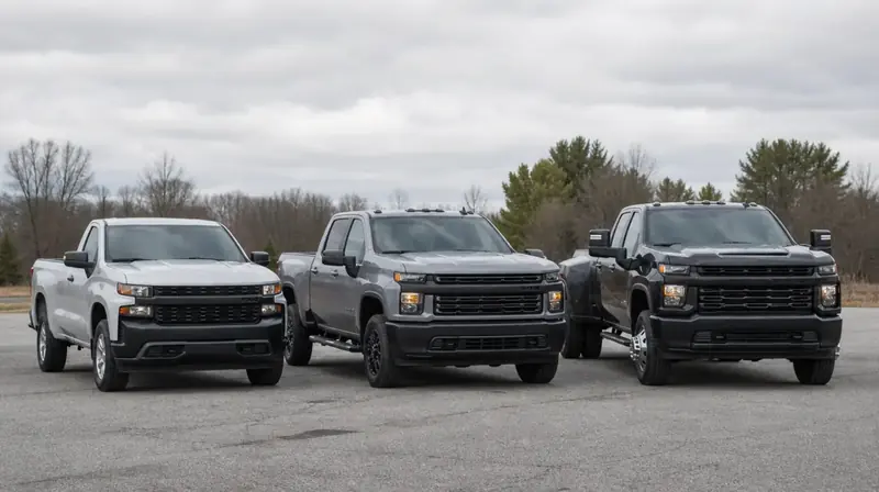 A half-ton, a three-quarter-ton and a one-ton pickup side by side