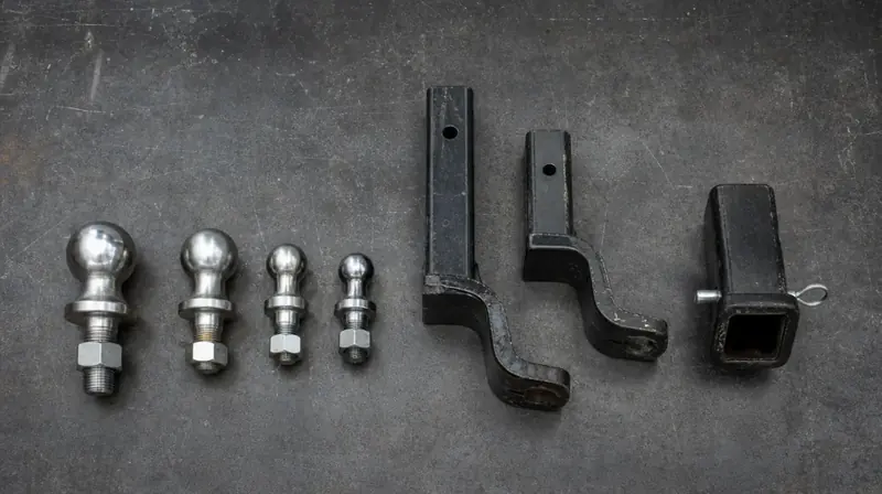 Hitch balls and ball mounts laid out on concrete