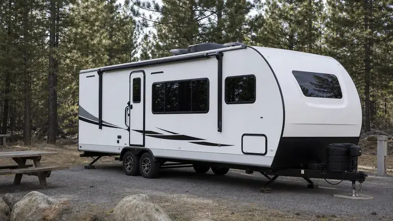 A travel trailer parked at a wooded campsite