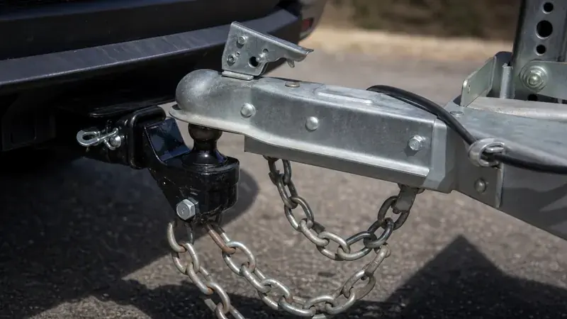 A trailer tongue and coupler resting on a hitch
