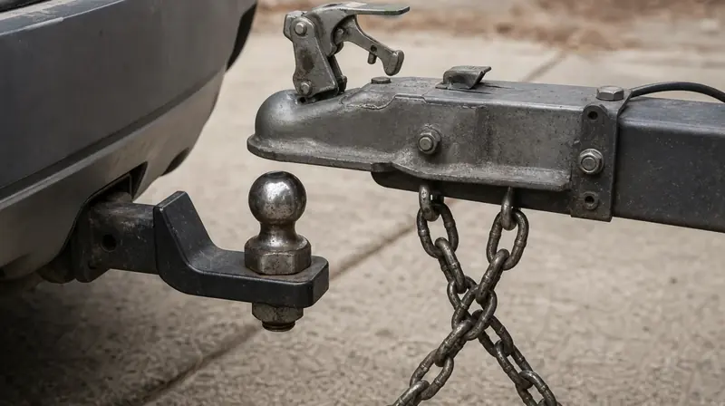 A trailer coupler lowered toward a hitch ball, safety chains hanging