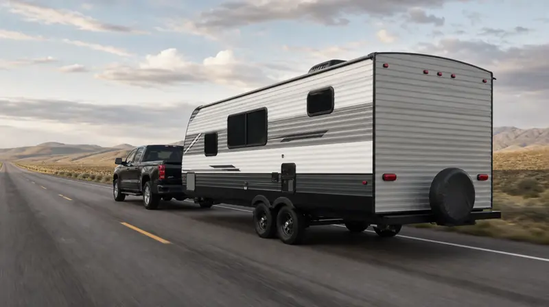 A pickup towing a travel trailer along an open highway