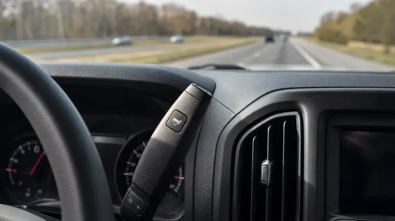 A pickup's dashboard and column shifter on the highway