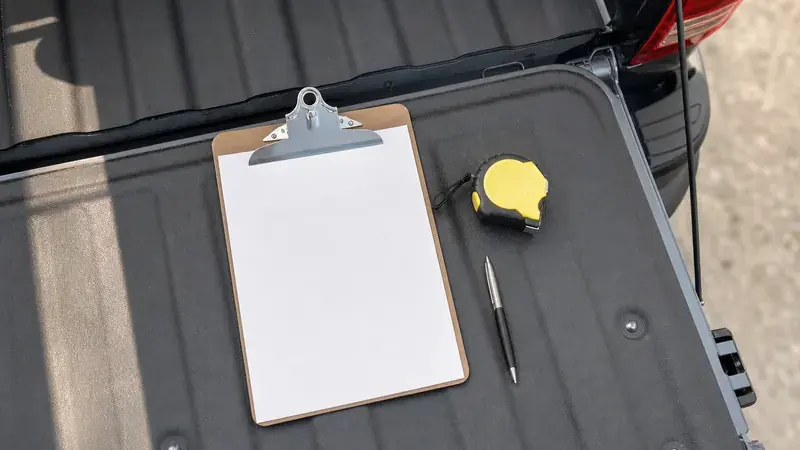 A clipboard and tape measure on a pickup tailgate