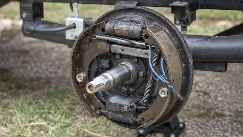 Close view of a trailer's drum brake assembly