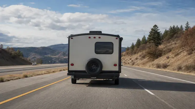 A travel trailer seen from behind on a highway