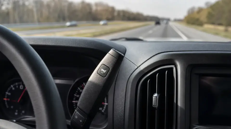 A pickup's dashboard and column shifter on an open highway
