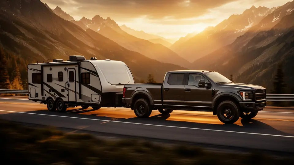 A pickup towing a travel trailer on a mountain highway at sunset
