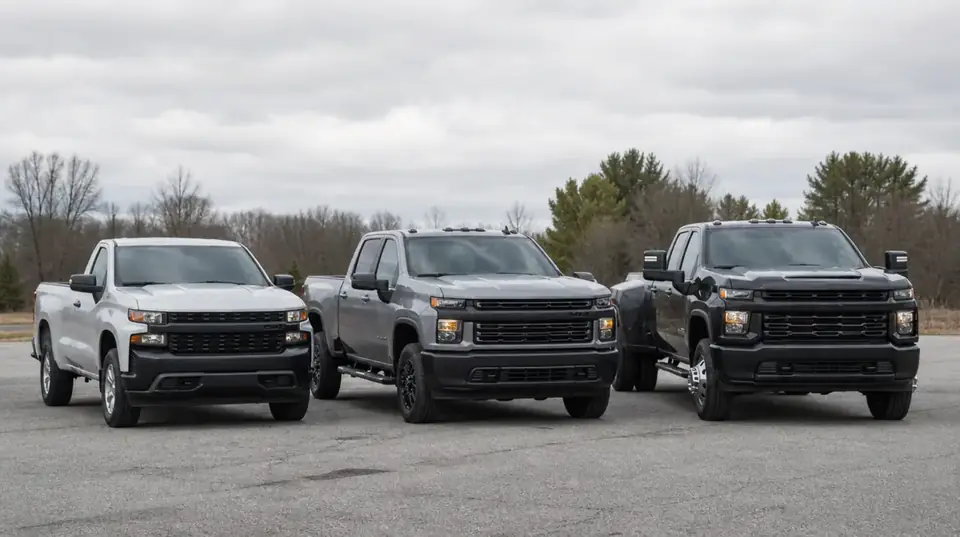 A half-ton, a three-quarter-ton and a one-ton pickup parked side by side