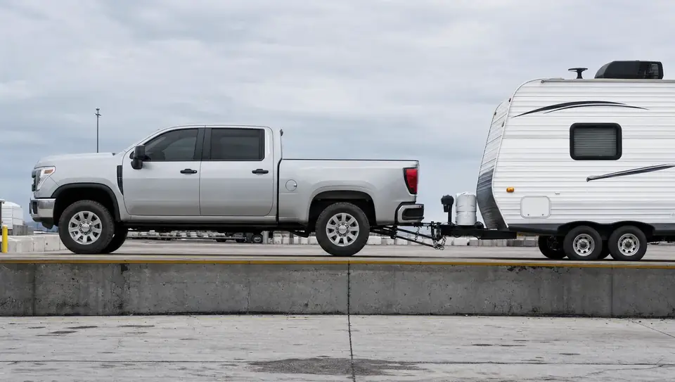 A pickup and travel trailer stopped on a raised truck-stop scale platform